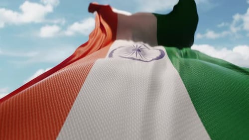 Realistic Indian Flag Waving Against Blue Sky Animation