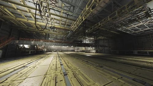 Una mañana tranquila arroja una luz tenue sobre el proyectil de un avión desocupado en un silencioso hangar