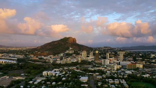 Reverse sunrise drone timelapse of Townsville City, North Queensland Australia
