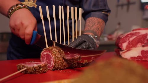 Meat Roll Sliced On Cutting Board With Knife