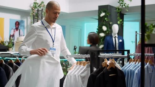 Middle Eastern Store Employee Arranging Clothes in a Modern Retail Space