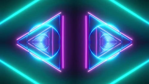 Dynamic neon tunnel with vibrant geometric patterns and cool colors