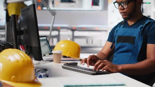 Black Engineer effectue des contrôles diagnostiques sur le logiciel d'assemblage de panneaux solaires
