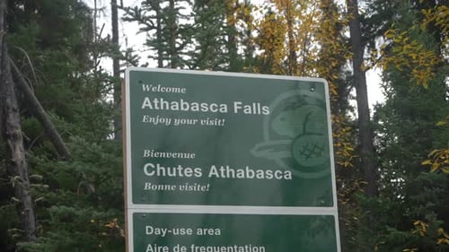 Athabasca Falls, Welcome Road Sign. Jasper National Park, Alberta, Canada