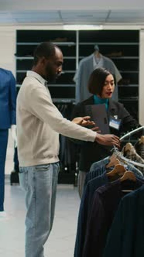 Vertical Video Asian Woman Showing Shirts to Male Client in Mall Store