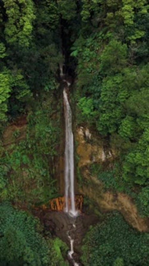 Sao Miguel Azores Portugal forest waterfall vertical aerial view