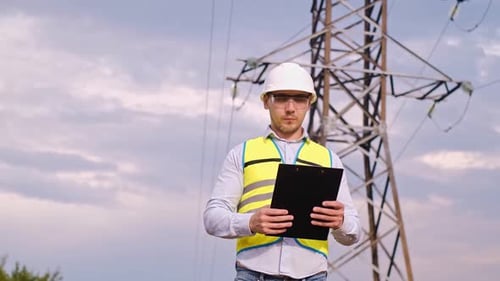 A designer inspects a high voltage tower. An engineer in a hard hat servicing a power transmission p