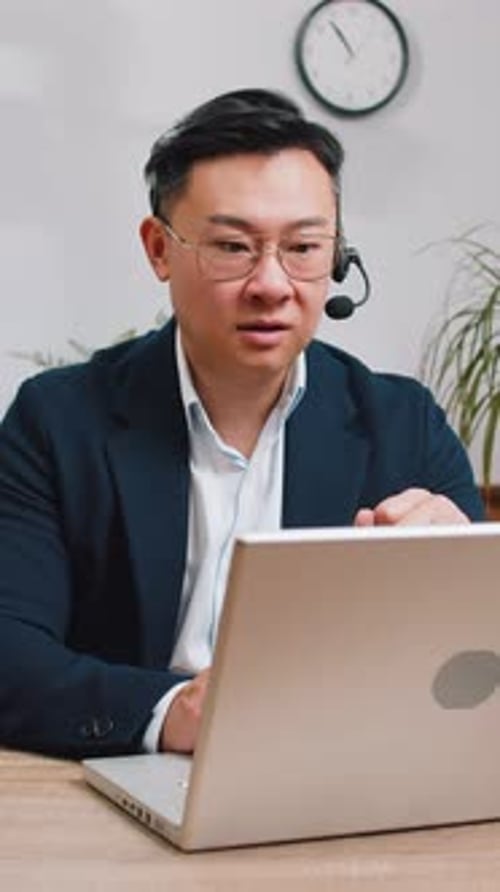 Businessman Freelance Worker Call Center Support Service Operator Helpline Having Talk with Client