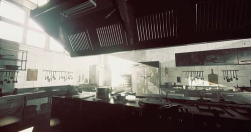 Industrial Professional Kitchen Interior Panning Shot