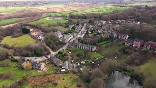 Aerial footage of the town of Thornhill Edgein Dewsbury West Yorkshire in the UK showing the British