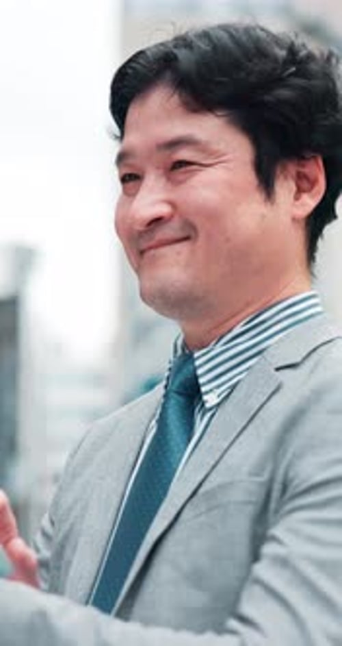 Japanese, businessman and typing with tablet in city, market research and online with information