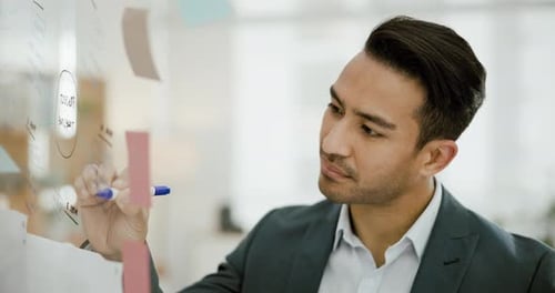 Business man, writing and problem solving on glass with ideas, vision and sticky note at finance
