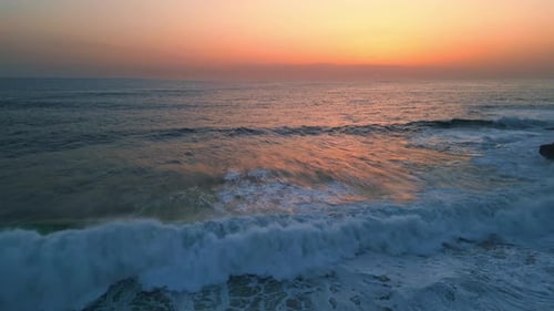 Foamy Wave Breaking Coast Aerial View Stormy Sea Splashing at Morning Horizon
