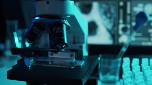 Closeup of Scientific Microscope Laboratory in Hospital Epidemic Disease Healthcare Vaccine Research