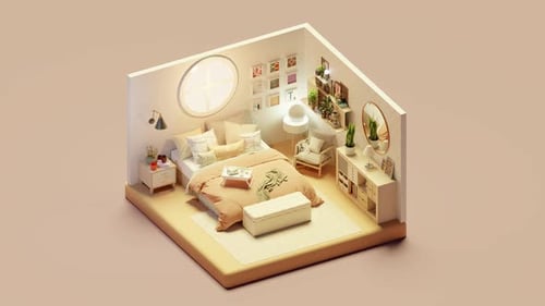 Isomeric View of Bedroom in Cartoon Style with Furniture 3d Isometric Loop