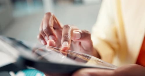 Hands, scrolling and phone with business person in office for online order or website browsing