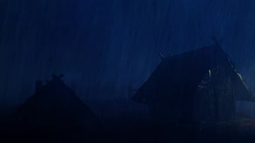 Heavy Rain And Wind Poured Down On A Remote Village In The Dark Night