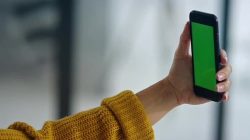 Close Up Woman Making Selfie Photo on Mobile Phone with Chroma Key