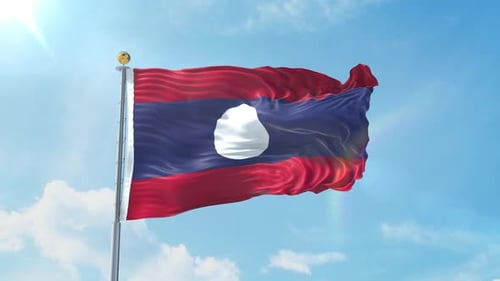 Realistic Laos Flag Waving in Bright Blue Sky