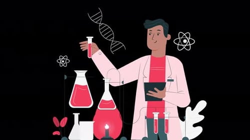 scientist in a chemistry lab using test tubes animation 4k on alpha channel