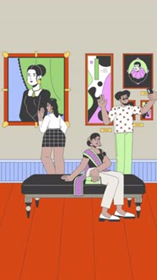Art gallery with modern visitors cartoon vertical animation
