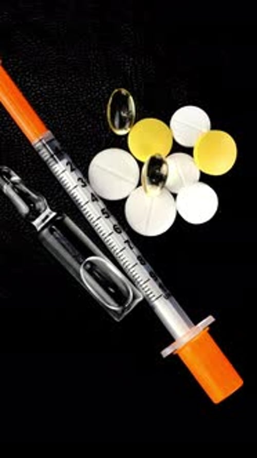 Seringue à insuline placée entre des pilules assorties et une ampoule scellée de médicament liquide