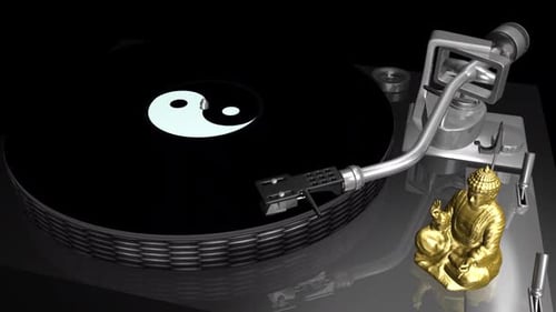 Turntable Player - Meditational Yin Yang Vinyl - Golden Buddha Statuette - Playing Loop