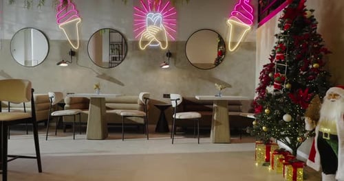 Happy New Year And Merry Christmas Decorations In Cozy Cafe Restaurant Hall With Modern Interior