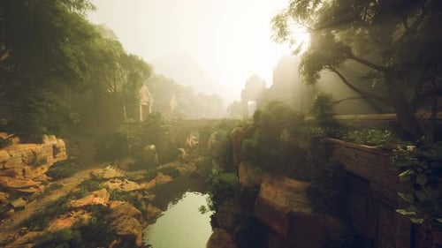 Brightly Lit Jungle Ravine Housing Ancient Relics and Flowing Streams