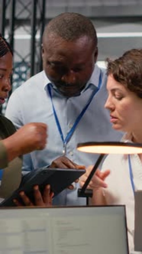 Vertical Video Portrait of Smiling Engineering Team in Office Doing Software Development