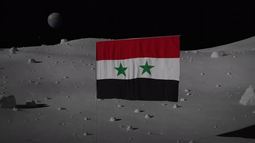 3D Rendered Flag Waving on Moon Surface with Earth