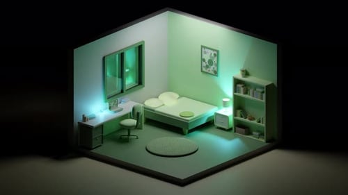 3D Animation Loop of Modern Low Poly Bedroom with Glowing Neon Lamps Isometric View