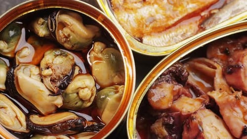 Cans of Tasty Seafood Close Up