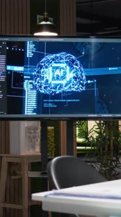 Vertical Video Screen in Empty IT Company Office Showing Artificial Intelligence Model