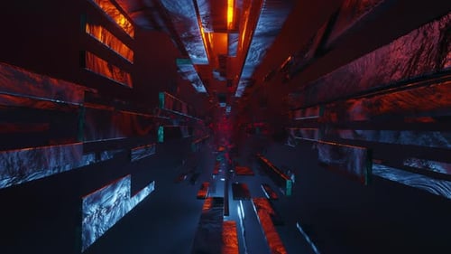 Sehr dunkler Raum mit vielen Lichtern in Orange und Blau. Animation in einer Schleife