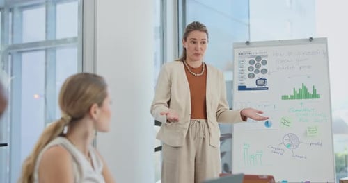 Businesswomen, presentation and question in boardroom for teamwork with graphs analytics