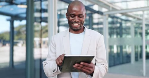 Black man, tablet and typing in city, texting and online, digital and technology