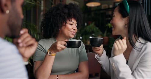 Happy people, friends and talking with coffee at cafe for social, free time