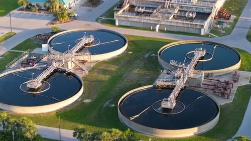 Aerial View of Wastewater Treatment Plant with Clarifiers