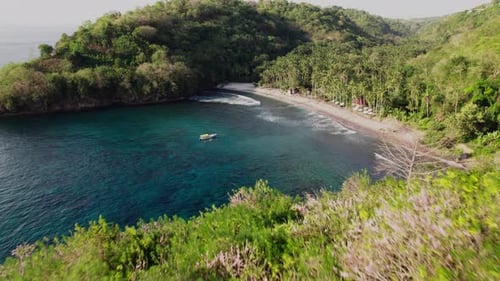 Snorkeling In Tropical Paradise Island Of Nusa Penida In Summer In Bali, Indonesia. aerial revealing