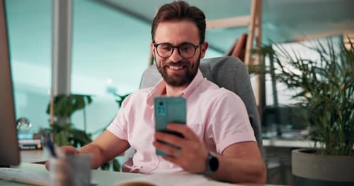 Business, man and happy with smartphone in office for email notification
