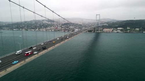 Istanbul/Turkey circa 2023: 15th of July Martyrs Bridge forward flight