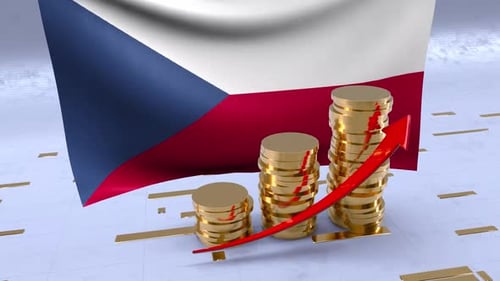Czech Republic Flag With Gold Coins Tower And Up Arrow