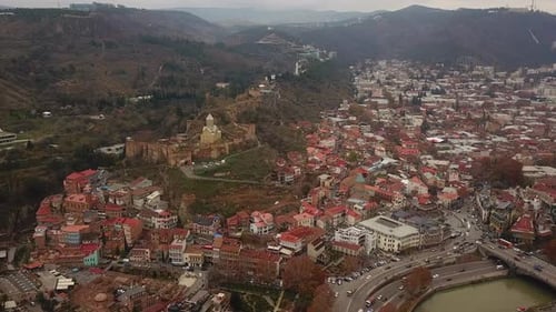 Travel to georgia in fall winter season to fly over the city and street view landscape like fly by d