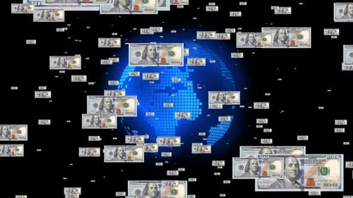 Digital World Globe with Flying US Dollar Bills