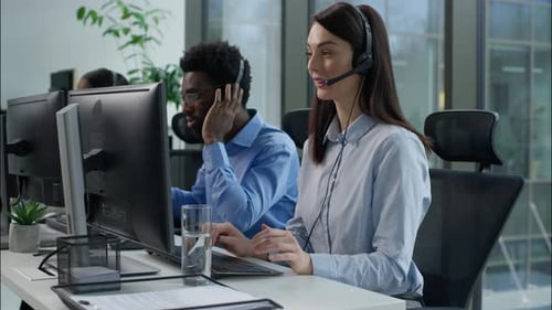 Smiling Working Caucasian Call Center Operators Businesswoman Talking Helpline Headset Typing
