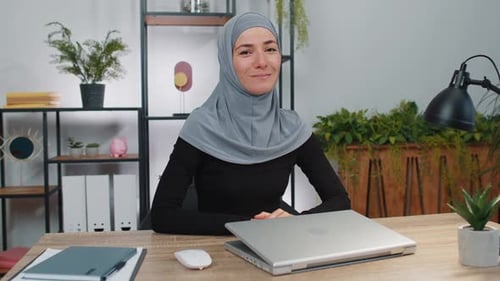 Business Smiling Woman Close Laptop Computer After Finishing Online Work Remote Job From Home Office