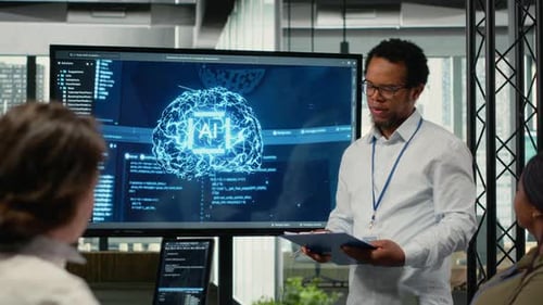 CTO in Startup Office Doing Presentation on Deep Learning Tech to Investors