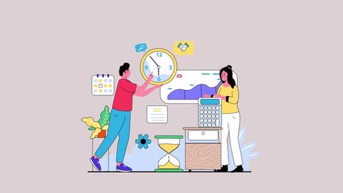 Flat Design Animation of Business People Managing Time and Data
