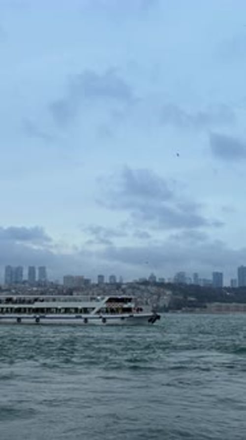 Passagierfähre segelt auf dem Istanbuler Bosporus mit Möwen und Skyline der Stadt